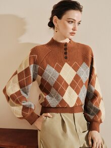 Arave Women Knit Sweater Loose Raglan Drop Shoulder Ribbed Half High Neck Button Contrast Vintage Preppy Brown Beige Grey Argyle Autumn Clothes Thanksgiving - Multicolor - View 7
