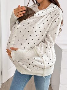 SHEIN Maternity Polka Dot Pattern Zipper Front Hooded 3-In-1 Jacket Autumn Holiday Going Out White Loose Fit Baggy - Light Grey - View 6
