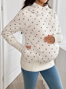 SHEIN Maternity Polka Dot Pattern Zipper Front Hooded 3-In-1 Jacket Autumn Holiday Going Out White Loose Fit Baggy - Light Grey - View 8