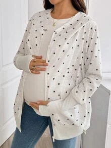 SHEIN Maternity Polka Dot Pattern Zipper Front Hooded 3-In-1 Jacket Autumn Holiday Going Out White Loose Fit Baggy - Light Grey - View 5