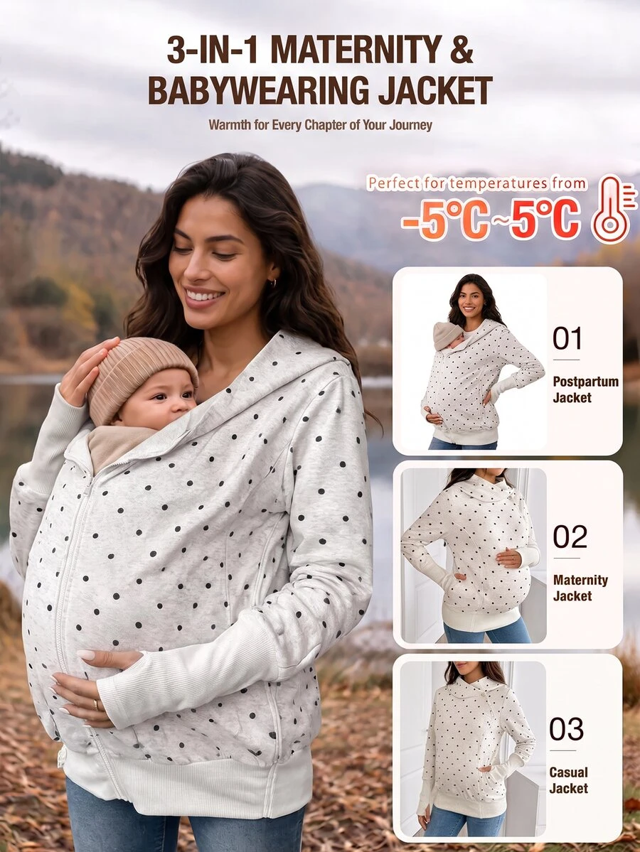 SHEIN Maternity Polka Dot Pattern Zipper Front Hooded 3-In-1 Jacket Autumn Holiday Going Out White Loose Fit Baggy - Light Grey - View 1
