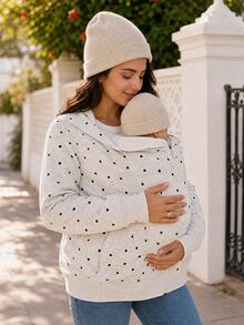 SHEIN Maternity Polka Dot Pattern Zipper Front Hooded 3-In-1 Jacket Autumn Holiday Going Out White Loose Fit Baggy - Light Grey - View 4