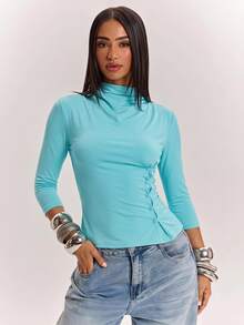 SHEIN BAE فستان أزرق بحري برقبة عالية وأكمام قصيرة، أزرار جانبية وخصر مجعد، تصميم مرن وناعم بقصة ضيقة كاجوال وإطراء، تنورة قصيرة على شكل حرف A - الأزرق - مشاهدة 1