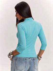 SHEIN BAE فستان أزرق بحري برقبة عالية وأكمام قصيرة، أزرار جانبية وخصر مجعد، تصميم مرن وناعم بقصة ضيقة كاجوال وإطراء، تنورة قصيرة على شكل حرف A - الأزرق - مشاهدة 2