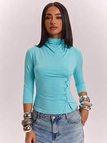 SHEIN BAE فستان أزرق بحري برقبة عالية وأكمام قصيرة، أزرار جانبية وخصر مجعد، تصميم مرن وناعم بقصة ضيقة كاجوال وإطراء، تنورة قصيرة على شكل حرف A - الأزرق - مشاهدة 4