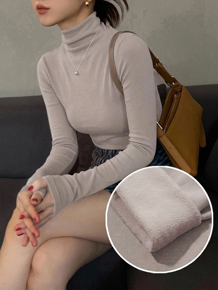 DAZY 女款修身保暖內裡高領套頭T恤 - 杏色 - 查看 1