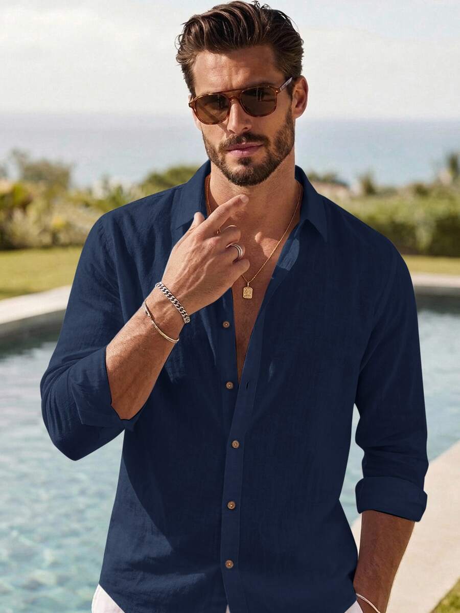 HIMLAND Men's Solid Color Casual Versatile Daily Wear Shirt Halloween Christmas Winter Party Autumn - Blue - View 1