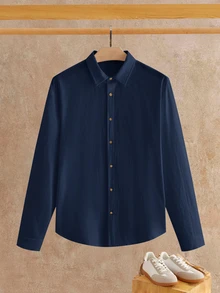 HIMLAND Men's Solid Color Casual Versatile Daily Wear Shirt Halloween Christmas Winter Party Autumn  - Blue - View 2