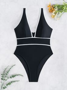 Swim Chiccia 女士性感优雅拼接黑白深 V 领 U 型后背连体泳衣 - 黑與白 - 查看 6