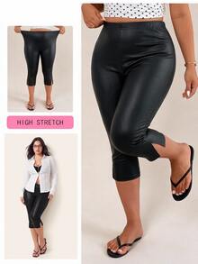 Comfortcana Black Plus-Size Cropped PU Leggings For Summer And Halloween Formal Night Going Out Sexy Casual - Black - View 1