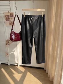 Comfortcana Black Plus-Size Cropped PU Leggings For Summer And Halloween Formal Night Going Out Sexy Casual - Black - View 7