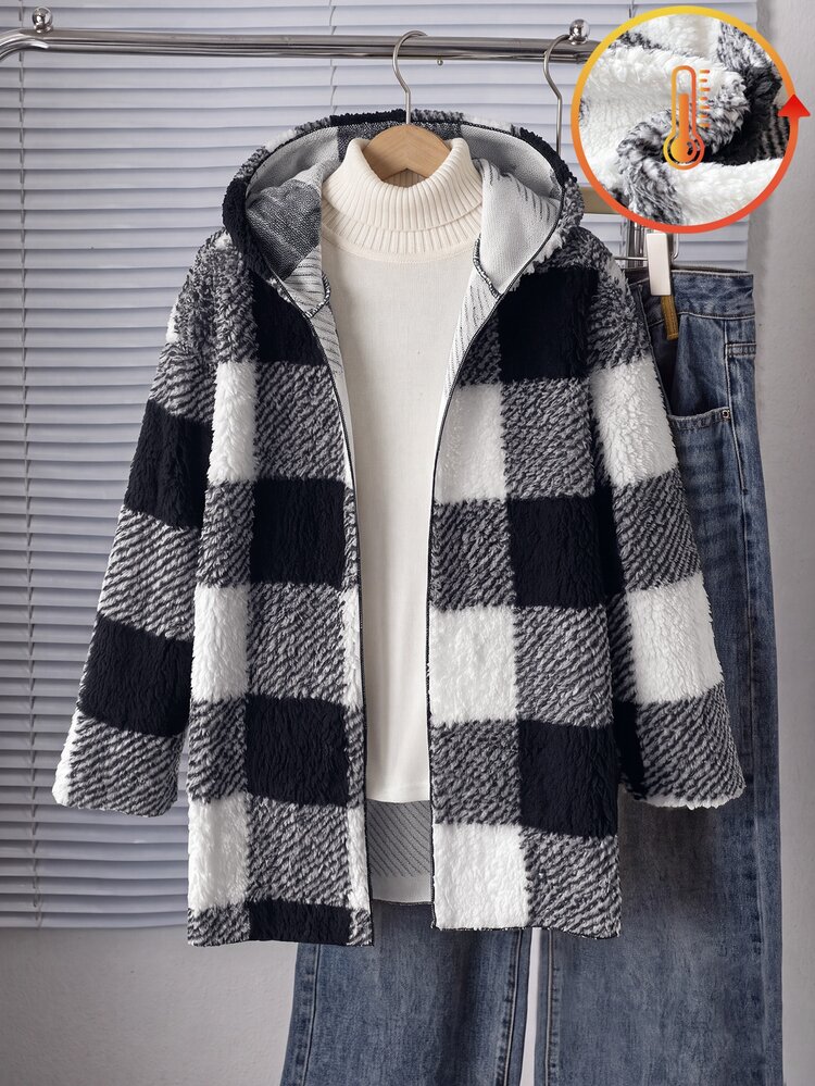 Tween Girl) Casual Cute Cargo School Off Campus Heart Jacquard Plush Collar Open Front Mid-Length Autumn/Winter Jacket White - Black and White - View 3