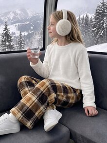 Tween Girl Solid Color Crew Neck Long Sleeve Top And Plaid Pants 2 Pieces Loungewear Set - White - View 8