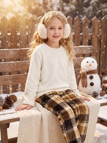 Tween Girl Solid Color Crew Neck Long Sleeve Top And Plaid Pants 2 Pieces Loungewear Set - White - View 9