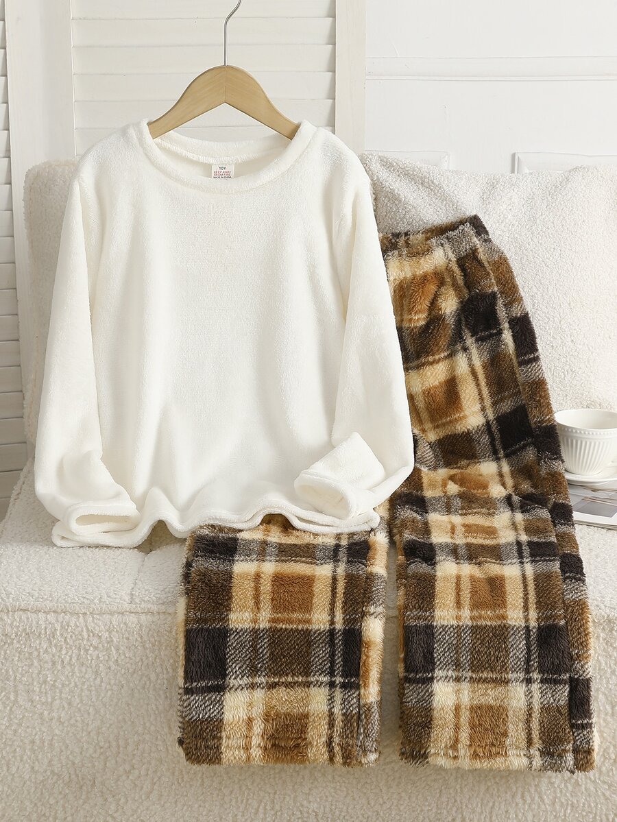 Tween Girl Solid Color Crew Neck Long Sleeve Top And Plaid Pants 2 Pieces Loungewear Set - White - View 1