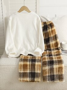 Tween Girl Solid Color Crew Neck Long Sleeve Top And Plaid Pants 2 Pieces Loungewear Set - White - View 7
