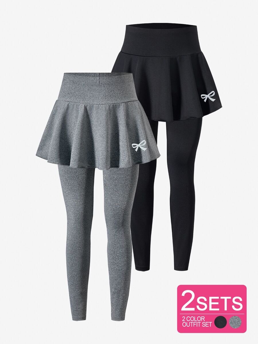 Tween Girls 2pcs/Set Tween Girls Casual All-Match Versatile Ballet Sports Bow Skirt Leggings, Fall, Summer, Minimalist, Back To School, Outfit - Multicolor - View 1