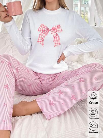 SHEIN Cottnline Tricou grafic cu fundă coquette și set de pijama cu detalii cu fundă și dungi