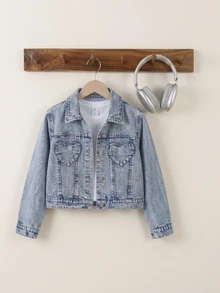 Jaket Denim Anak Perempuan Lengan Panjang Kerah Lapel Saku Hati Kancing Depan Kasual Pakaian Sehari-hari Musim Gugur Biru - Medium Wash - View 4