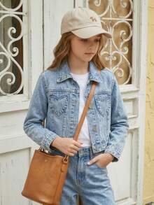 Jaket Denim Anak Perempuan Lengan Panjang Kerah Lapel Saku Hati Kancing Depan Kasual Pakaian Sehari-hari Musim Gugur Biru - Medium Wash - View 5