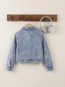 Jaket Denim Anak Perempuan Lengan Panjang Kerah Lapel Saku Hati Kancing Depan Kasual Pakaian Sehari-hari Musim Gugur Biru - Medium Wash - View 3
