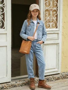 Jaket Denim Anak Perempuan Lengan Panjang Kerah Lapel Saku Hati Kancing Depan Kasual Pakaian Sehari-hari Musim Gugur Biru - Medium Wash - View 2