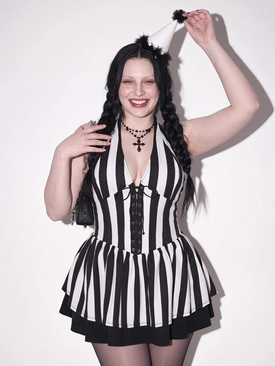 SHEIN ICON Plus Size Dresses Halloween - Black and White - View 1