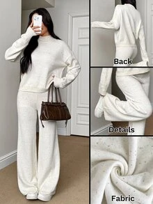 SHEIN PETITE طقم نسائي من قطعتين بلون موحد، ملابس علوية بأكمام طويلة وبنطلون، كاجوال للاستخدام اليومي، من قماش محبوك - لون مشمشي - مشاهدة 3