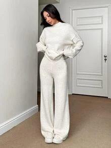 SHEIN PETITE طقم نسائي من قطعتين بلون موحد، ملابس علوية بأكمام طويلة وبنطلون، كاجوال للاستخدام اليومي، من قماش محبوك - لون مشمشي - مشاهدة 8