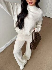 SHEIN PETITE طقم نسائي من قطعتين بلون موحد، ملابس علوية بأكمام طويلة وبنطلون، كاجوال للاستخدام اليومي، من قماش محبوك - لون مشمشي - مشاهدة 5