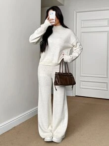 SHEIN PETITE طقم نسائي من قطعتين بلون موحد، ملابس علوية بأكمام طويلة وبنطلون، كاجوال للاستخدام اليومي، من قماش محبوك - لون مشمشي - مشاهدة 6