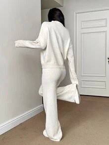 SHEIN PETITE طقم نسائي من قطعتين بلون موحد، ملابس علوية بأكمام طويلة وبنطلون، كاجوال للاستخدام اليومي، من قماش محبوك - لون مشمشي - مشاهدة 2