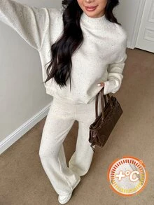 SHEIN PETITE طقم نسائي من قطعتين بلون موحد، ملابس علوية بأكمام طويلة وبنطلون، كاجوال للاستخدام اليومي، من قماش محبوك - لون مشمشي - مشاهدة 7