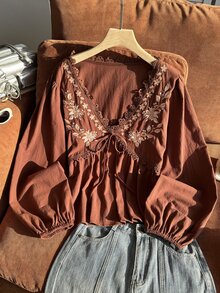 Comfortcana Plus Size Elegant Boho Casual Bohemian Vintage Embroidered Tie Long Sleeve Shirt Thanksgiving Holiday Beach Formal Brown Autumn - Brown - View 5