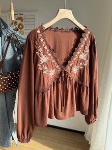 Comfortcana Plus Size Elegant Boho Casual Bohemian Vintage Embroidered Tie Long Sleeve Shirt Thanksgiving Holiday Beach Formal Brown Autumn - Brown - View 4