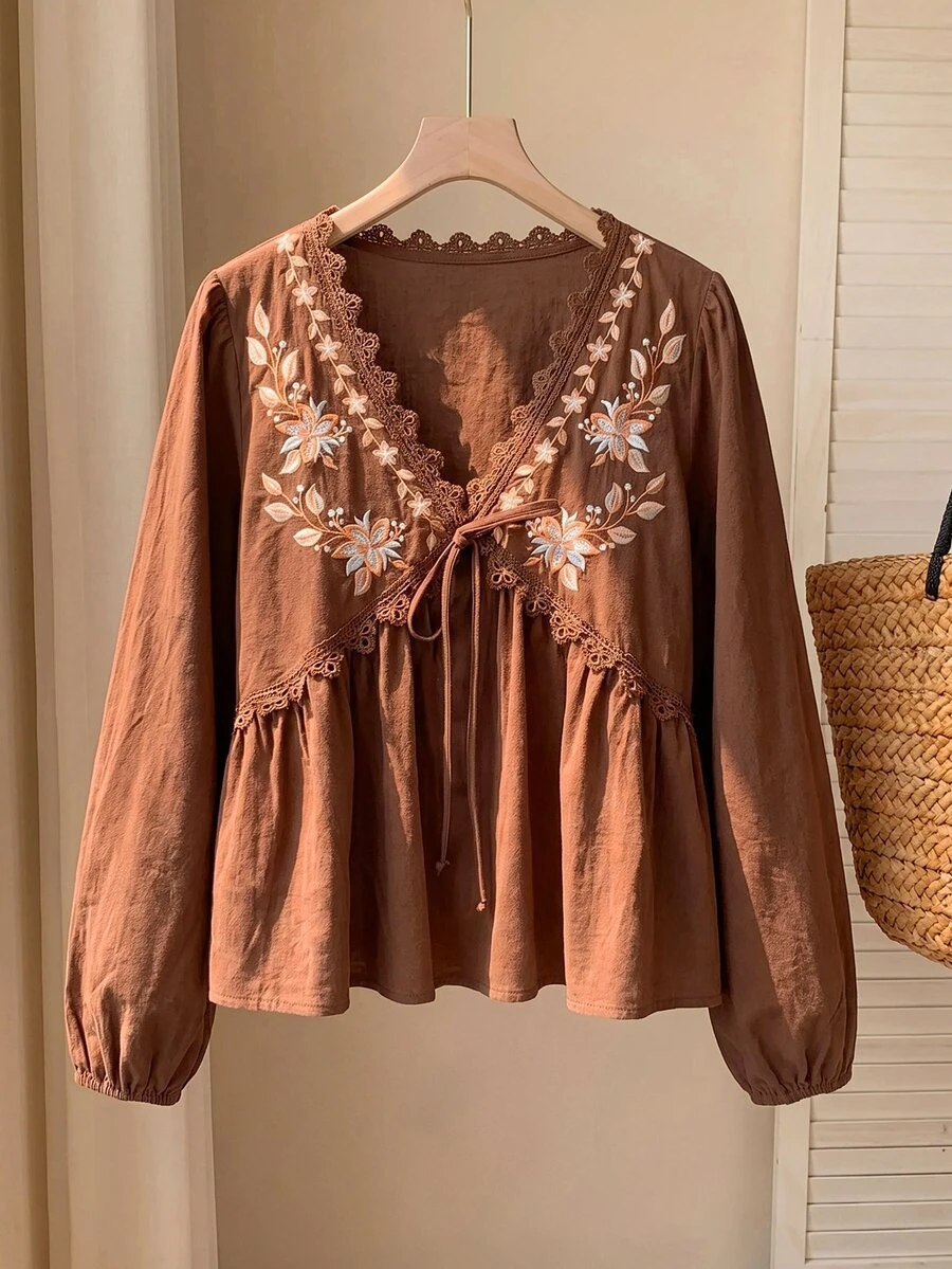 Comfortcana Plus Size Elegant Boho Casual Bohemian Vintage Embroidered Tie Long Sleeve Shirt Thanksgiving Holiday Beach Formal Brown Autumn - Brown - View 1