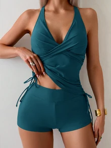 Swim Basics 2pcs Army Green Twist Cup Criss-Cross Back Pleated Drawstring Women Swimwear Set - Teal Blue - View 4