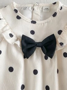 SHEIN 幼兒女嬰可愛黑白波點蝴蝶結荷葉邊長袖圓領洋裝 A字版型復古風，適合生日派對、秋季婚禮賓客、假日穿著 - 黑與白 - 查看 5