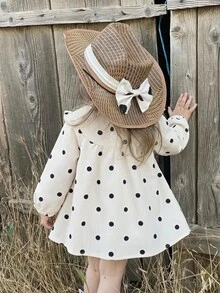 SHEIN 幼兒女嬰可愛黑白波點蝴蝶結荷葉邊長袖圓領洋裝 A字版型復古風，適合生日派對、秋季婚禮賓客、假日穿著 - 黑與白 - 查看 1