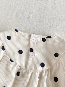SHEIN 幼兒女嬰可愛黑白波點蝴蝶結荷葉邊長袖圓領洋裝 A字版型復古風，適合生日派對、秋季婚禮賓客、假日穿著 - 黑與白 - 查看 6