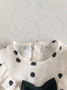 SHEIN 幼兒女嬰可愛黑白波點蝴蝶結荷葉邊長袖圓領洋裝 A字版型復古風，適合生日派對、秋季婚禮賓客、假日穿著 - 黑與白 - 查看 4