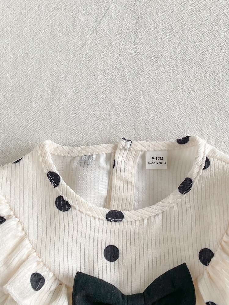 SHEIN Toddler Baby Girl Dress Cute Black White Polka Dot Bow Ruffle Long Sleeve Round Neck Birthday Party Autumn Wedding Guest Holiday A-Line Vintage - Black and White - View 4