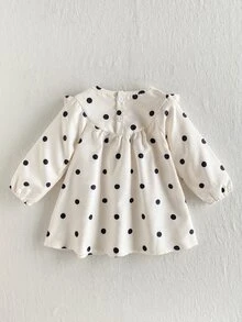 SHEIN 幼兒女嬰可愛黑白波點蝴蝶結荷葉邊長袖圓領洋裝 A字版型復古風，適合生日派對、秋季婚禮賓客、假日穿著 - 黑與白 - 查看 2