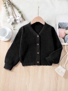 SHEIN 年轻女孩和年轻女孩轻便 V 领开衫，米色、白色、浅黄色、杏色，舒适、简约设计，喇叭袖，时尚、舒适，适合春季、夏季、日常穿着、上学、休闲时间 - 黑色 - 查看 5