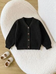 SHEIN 年轻女孩和年轻女孩轻便 V 领开衫，米色、白色、浅黄色、杏色，舒适、简约设计，喇叭袖，时尚、舒适，适合春季、夏季、日常穿着、上学、休闲时间 - 黑色 - 查看 4