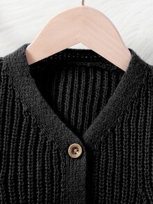 SHEIN 年轻女孩和年轻女孩轻便 V 领开衫，米色、白色、浅黄色、杏色，舒适、简约设计，喇叭袖，时尚、舒适，适合春季、夏季、日常穿着、上学、休闲时间 - 黑色 - 查看 9
