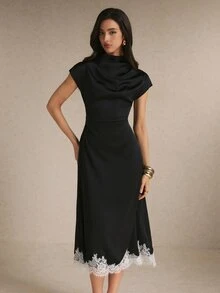 Poéselle Women's Black And White Cowl-Neck Lace-Trim Midi Dress – Elegant Cap-Sleeve Fit-And-Flare Cocktail Dinner Night Wedding Halloween Brunch Outfit Summer - Black - View 7
