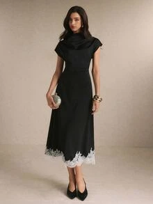 Poéselle Women's Black And White Cowl-Neck Lace-Trim Midi Dress – Elegant Cap-Sleeve Fit-And-Flare Cocktail Dinner Night Wedding Halloween Brunch Outfit Summer - Black - View 5