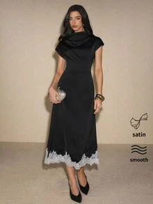 Poéselle Women's Black And White Cowl-Neck Lace-Trim Midi Dress – Elegant Cap-Sleeve Fit-And-Flare Cocktail Dinner Night Wedding Halloween Brunch Outfit Summer - Black - View 2
