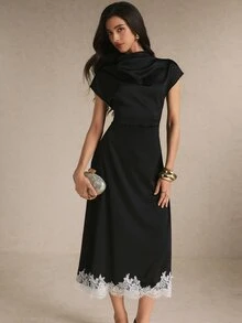 Poéselle Women's Black And White Cowl-Neck Lace-Trim Midi Dress – Elegant Cap-Sleeve Fit-And-Flare Cocktail Dinner Night Wedding Halloween Brunch Outfit Summer - Black - View 6